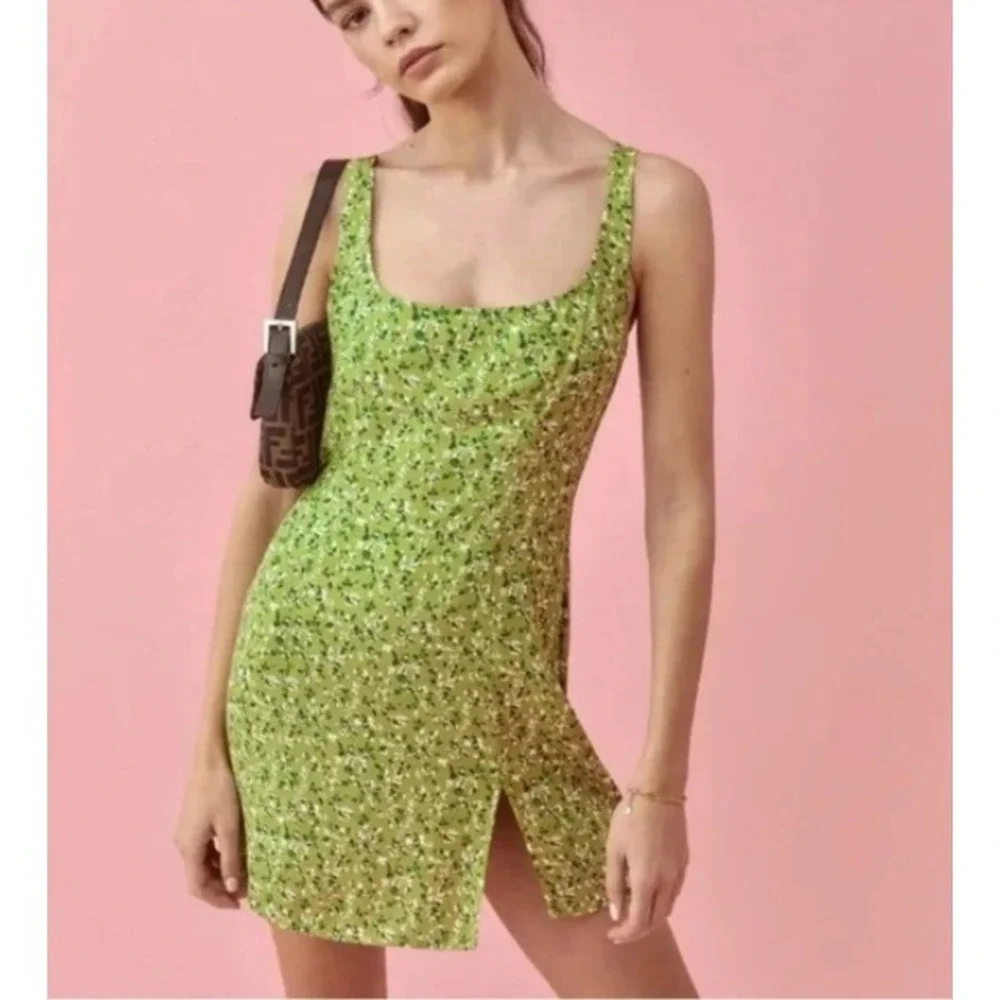 Reformation Noha Mini Dress Green Floral Square Neck Sleeveless Front Slit 2 - Picture 3 of 12